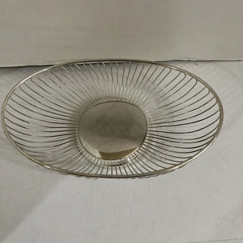 Vintage Mid Century Silver Toned Oval Wire Fruit Bowl Basket 12” MCM Hong Kong
